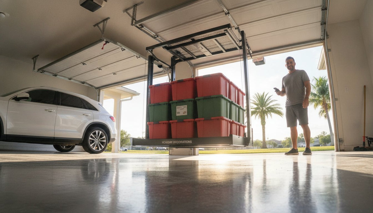 Motorized Ceiling Storage for Holiday Decorations